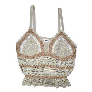 Madden NYC Womens L Knit Striped Cropped Tank Top Beige & White 4272